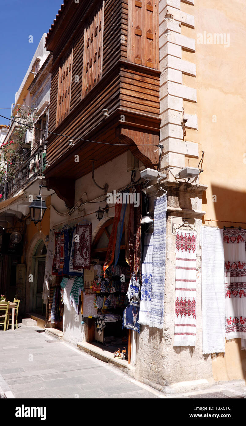 TEXTILE SHOP IN RETHYMNON OLD TOWN ON THE GREEK ISLAND OF CRETE. Stock Photo