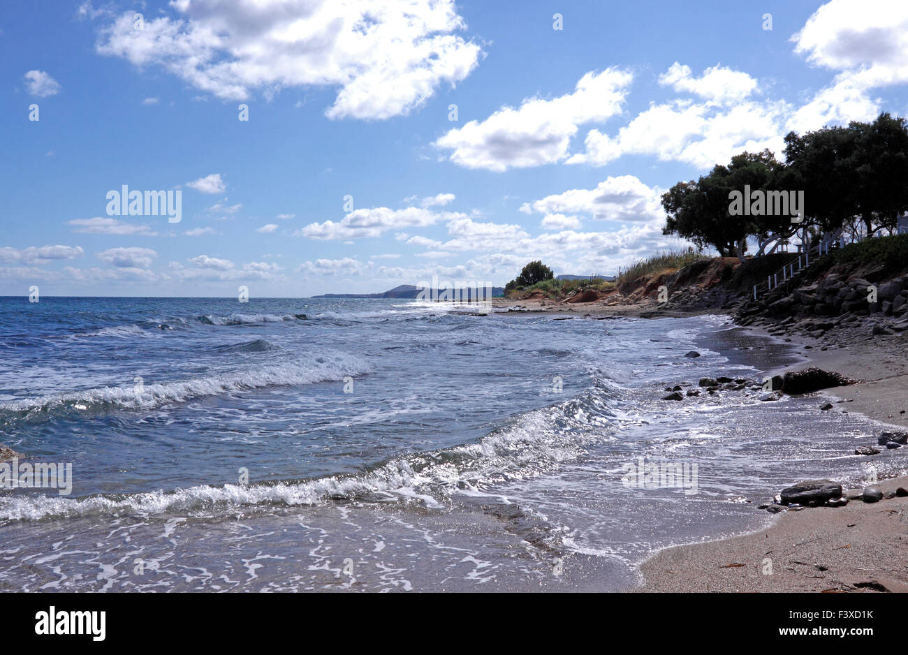 THE WILD NATURAL BEACH AT PIGIANOS KAMPOS NEAR RETHYMNON ON THE GREEK ISLAND OF CRETE. Stock Photo