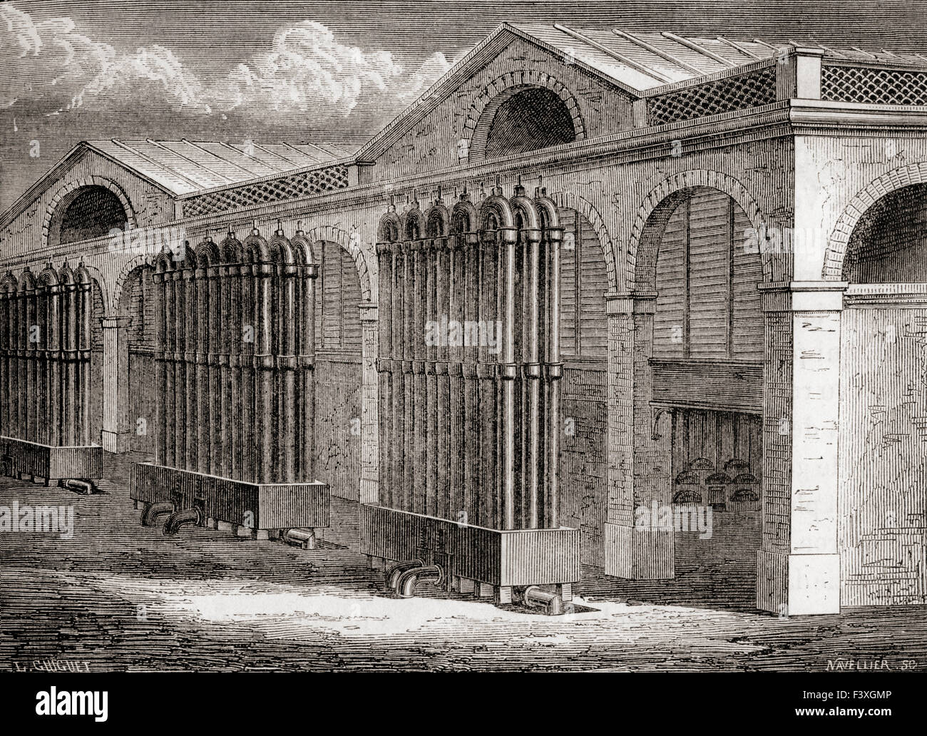 The coal gas condenser plant at La Villette, Paris, France in the 19th century. Stock Photo