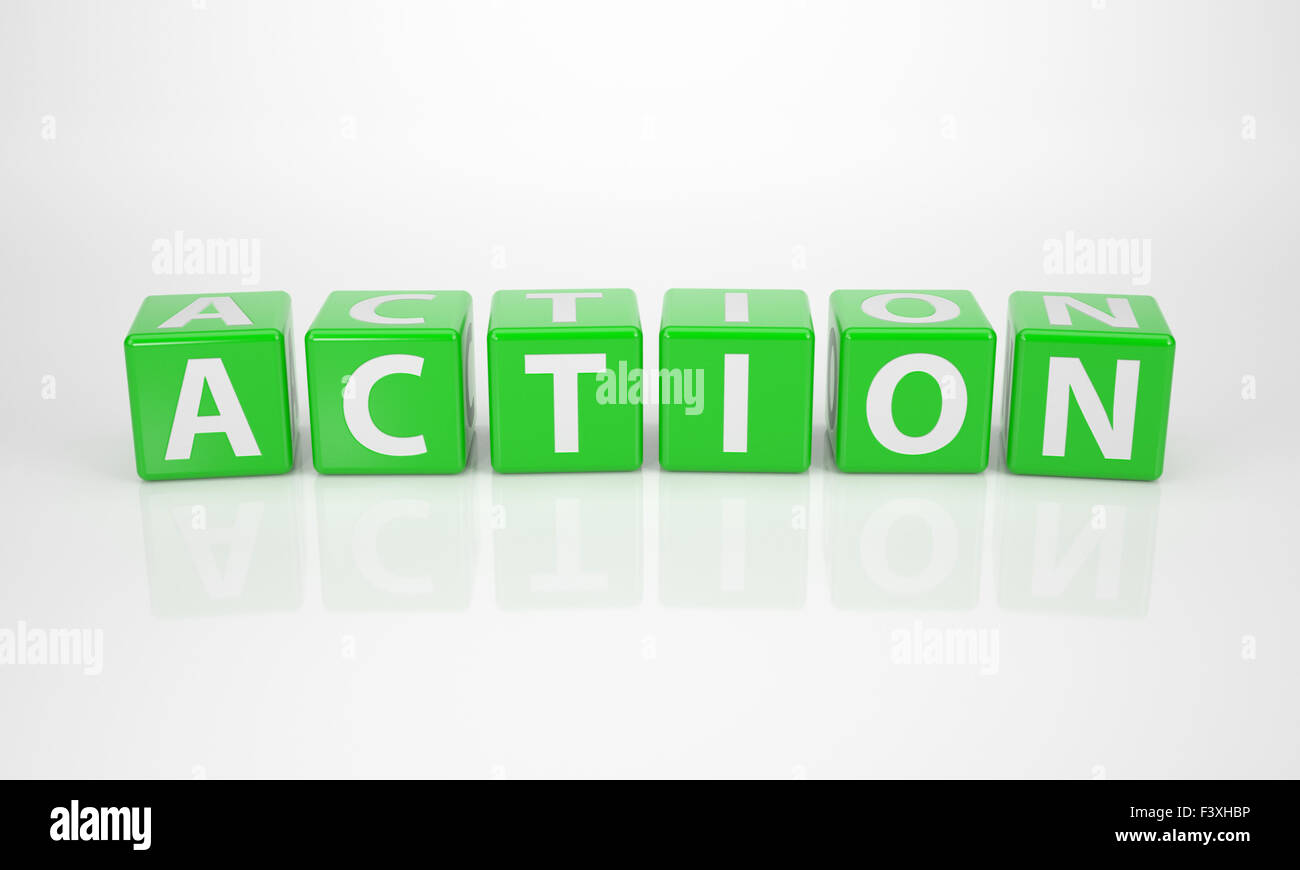 Action out of green Letter Dices Stock Photo