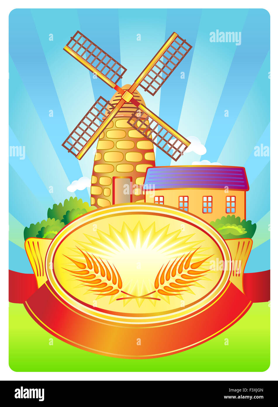 Label with windmill and wheat Stock Photo