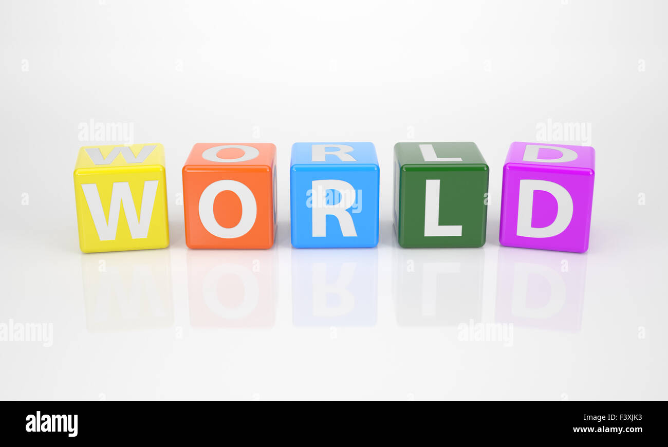 World out of multicolored Letter Dices Stock Photo
