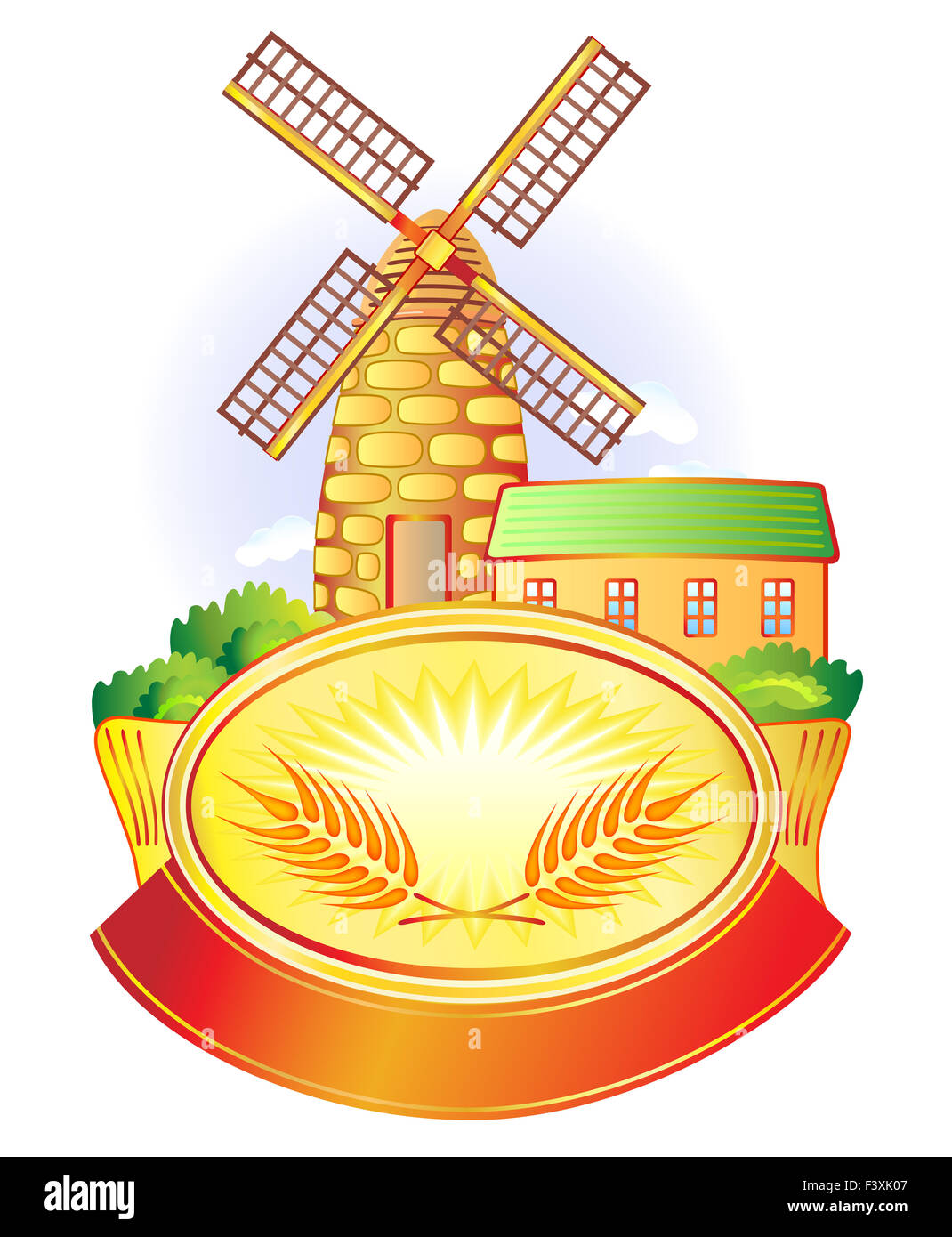 Label with windmill and wheat Stock Photo