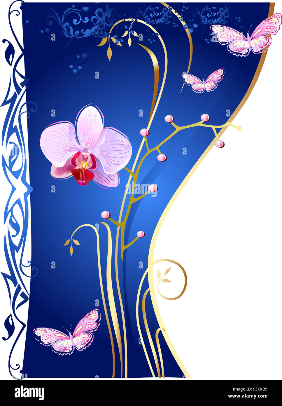 Orchids and butterflies on blue background Stock Photo