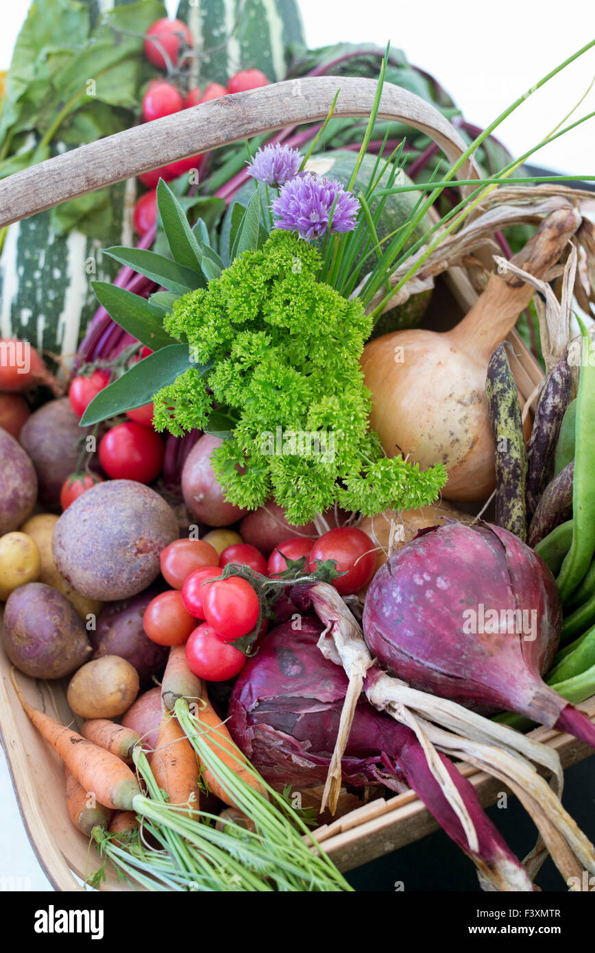 Vegetable trug displays at an Autumn Show. UK Stock Photo