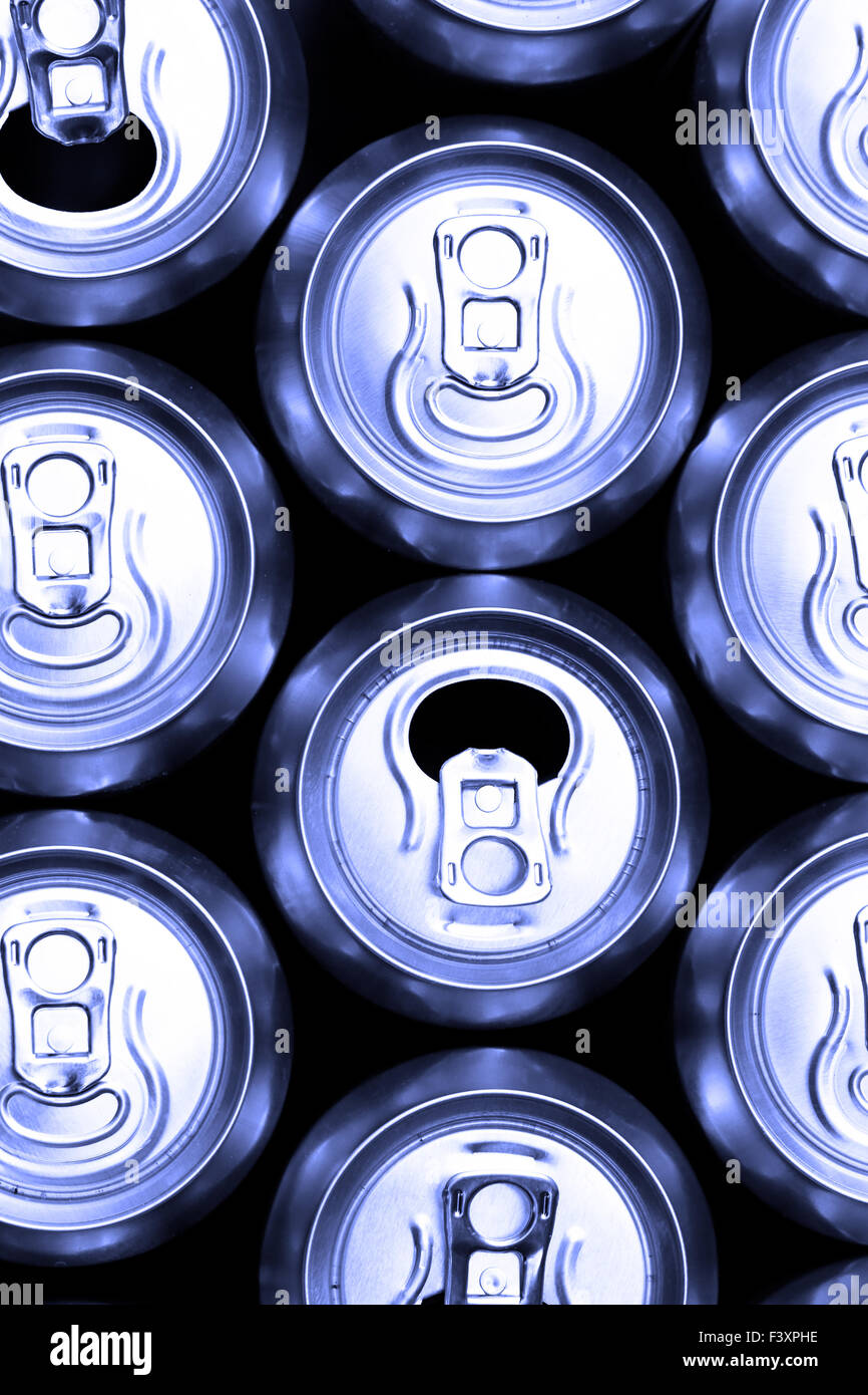 Much of blue drinking cans close up Stock Photo Alamy