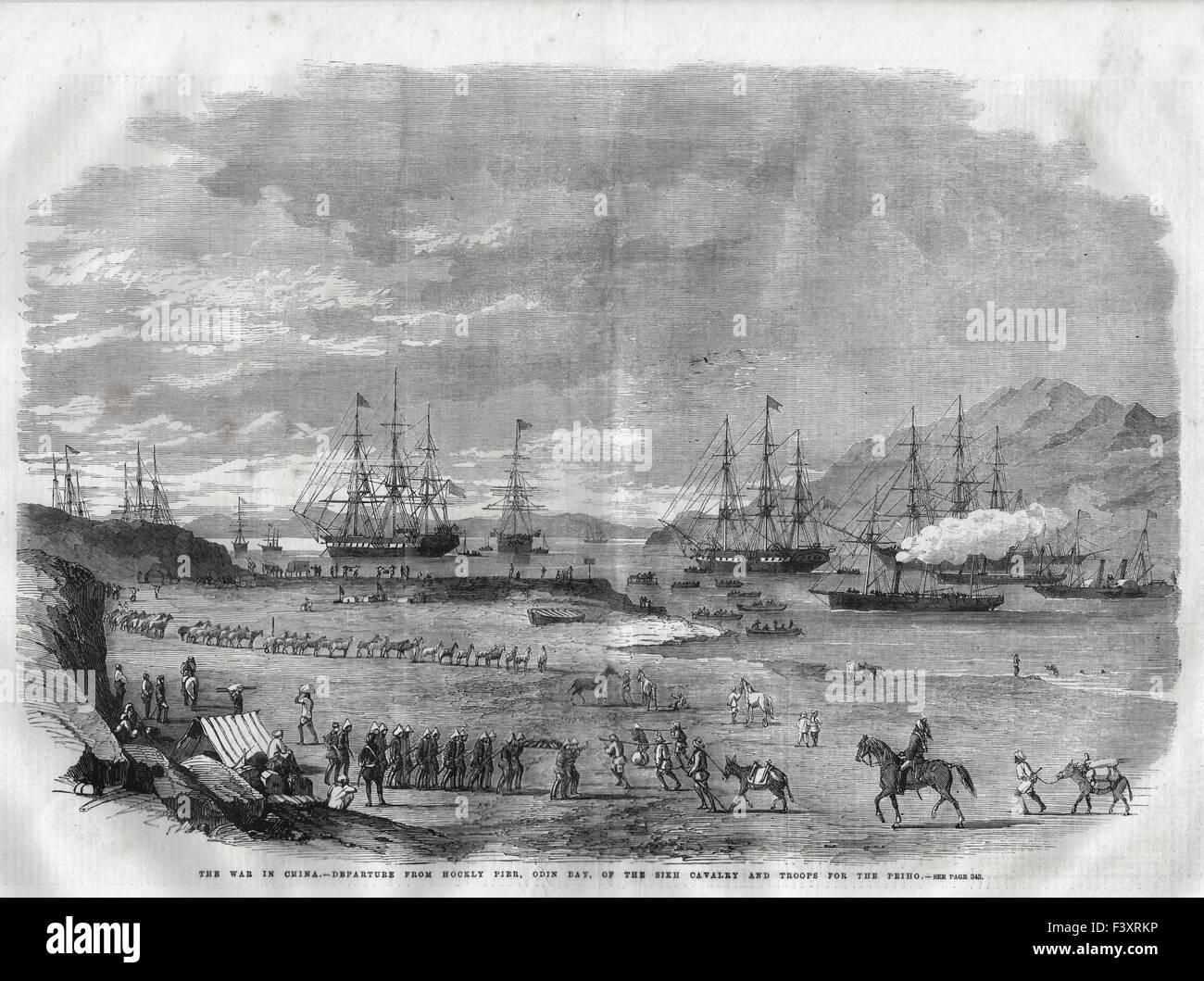 The War in China, Departure from Hockly Pier, Odin Bay, of the Sikh Cavalry and Troops for the Peiho Stock Photo