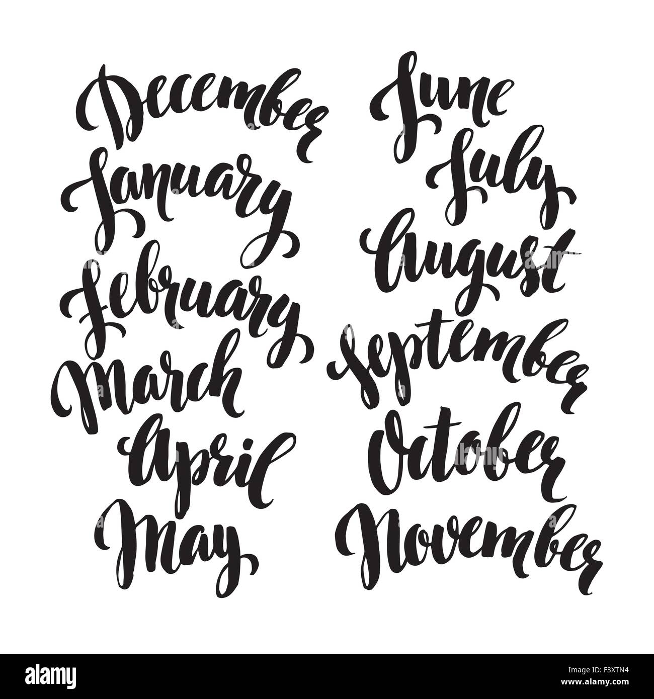 Handwritten months of the year. December, January, February, March, April, May, June, July, August, September, October, November. Stock Vector