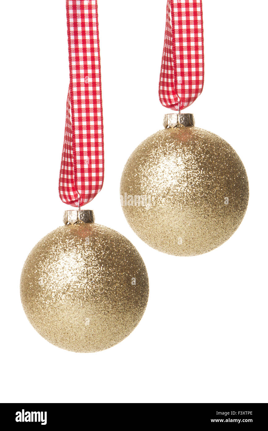 gold christmas balls isolated hanging Stock Photo