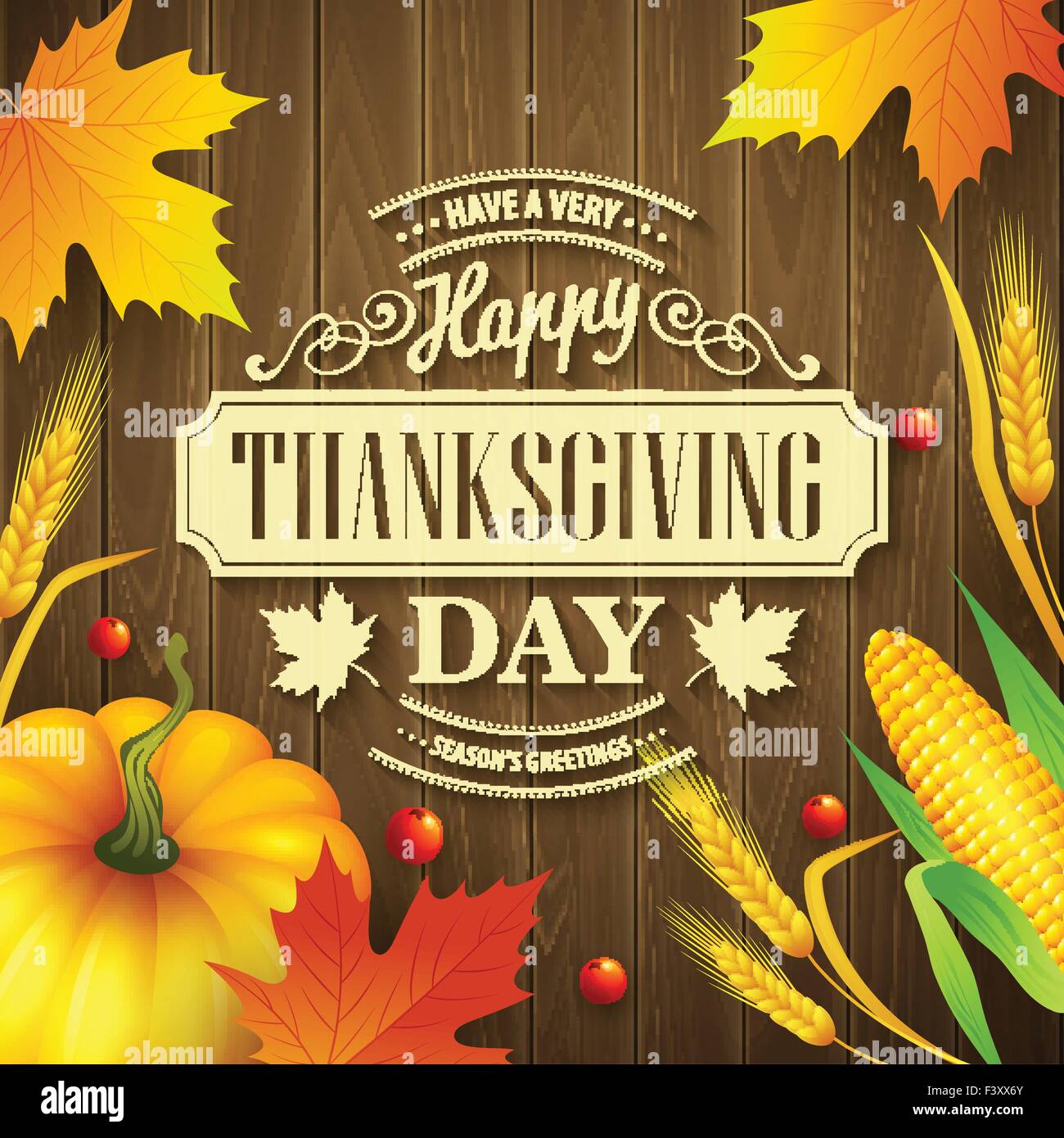 Hand drawn thanksgiving greeting card with leaves, pumpkin and spica on ...