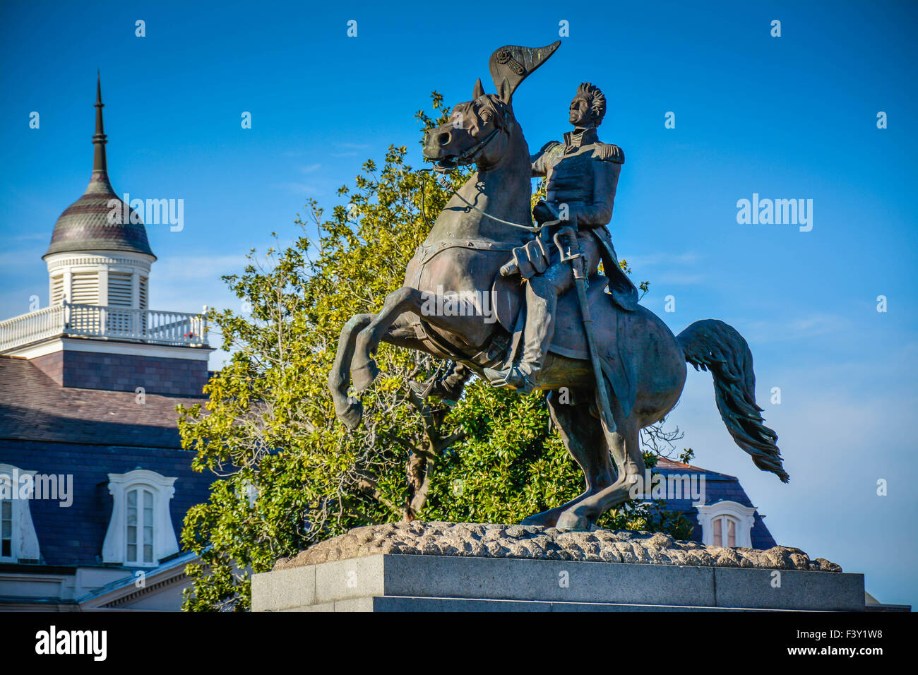 An equestrian statue of General Andrew Jackson before the Louisiana