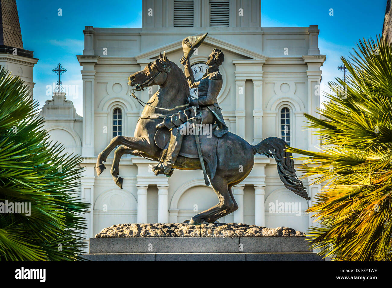 An equestrian statue of General Andrew Jackson before the St. Louis Cathedral, French Quarter