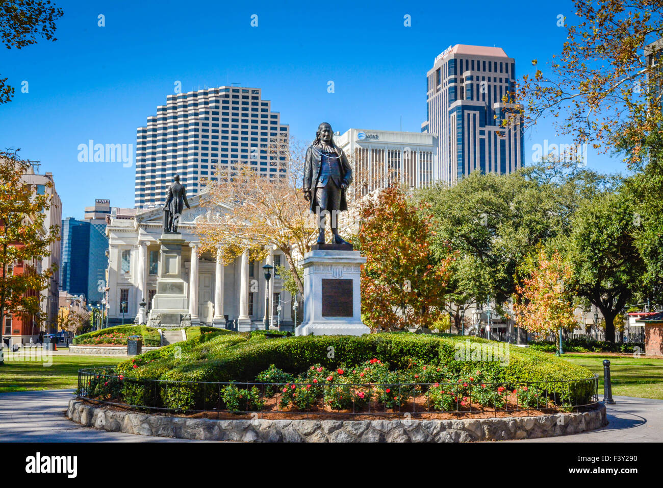 One of the many Statues in Lafayette Square park depicts Ben Franklin