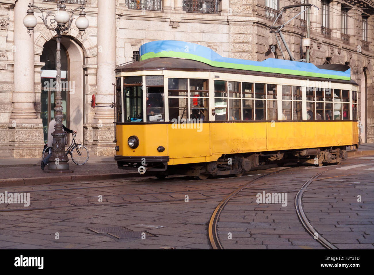 Vintage tram on the Milano street Stock Photo