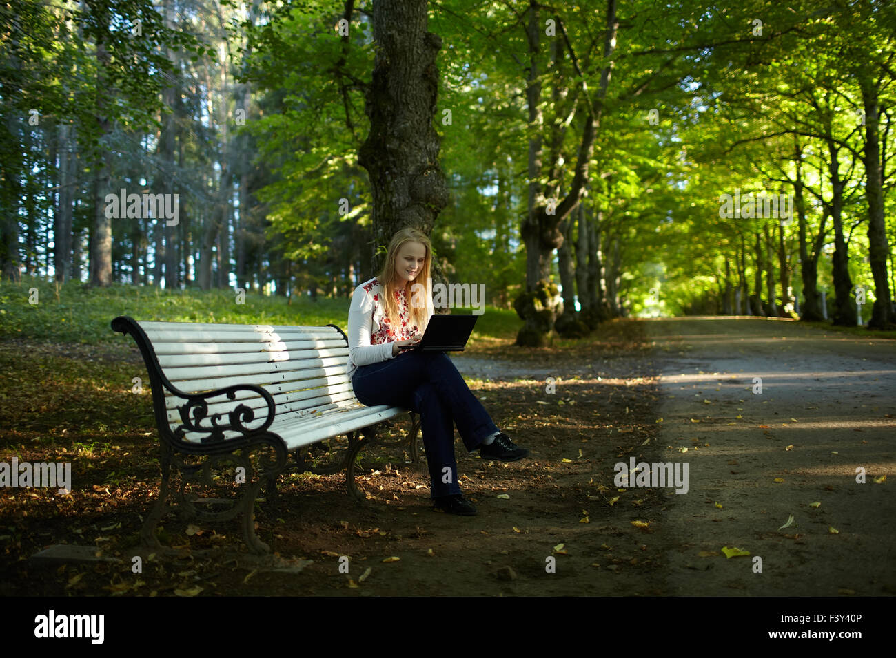 Young woman with laptop in the park Stock Photo - Alamy