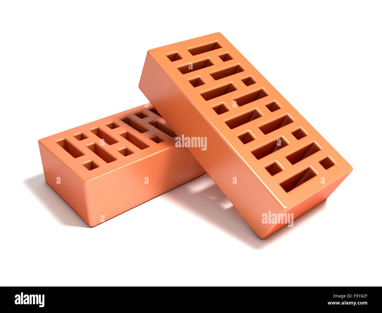 Two red bricks with rectangular holes. 3D render illustration isolated on a white background. Stock Photo