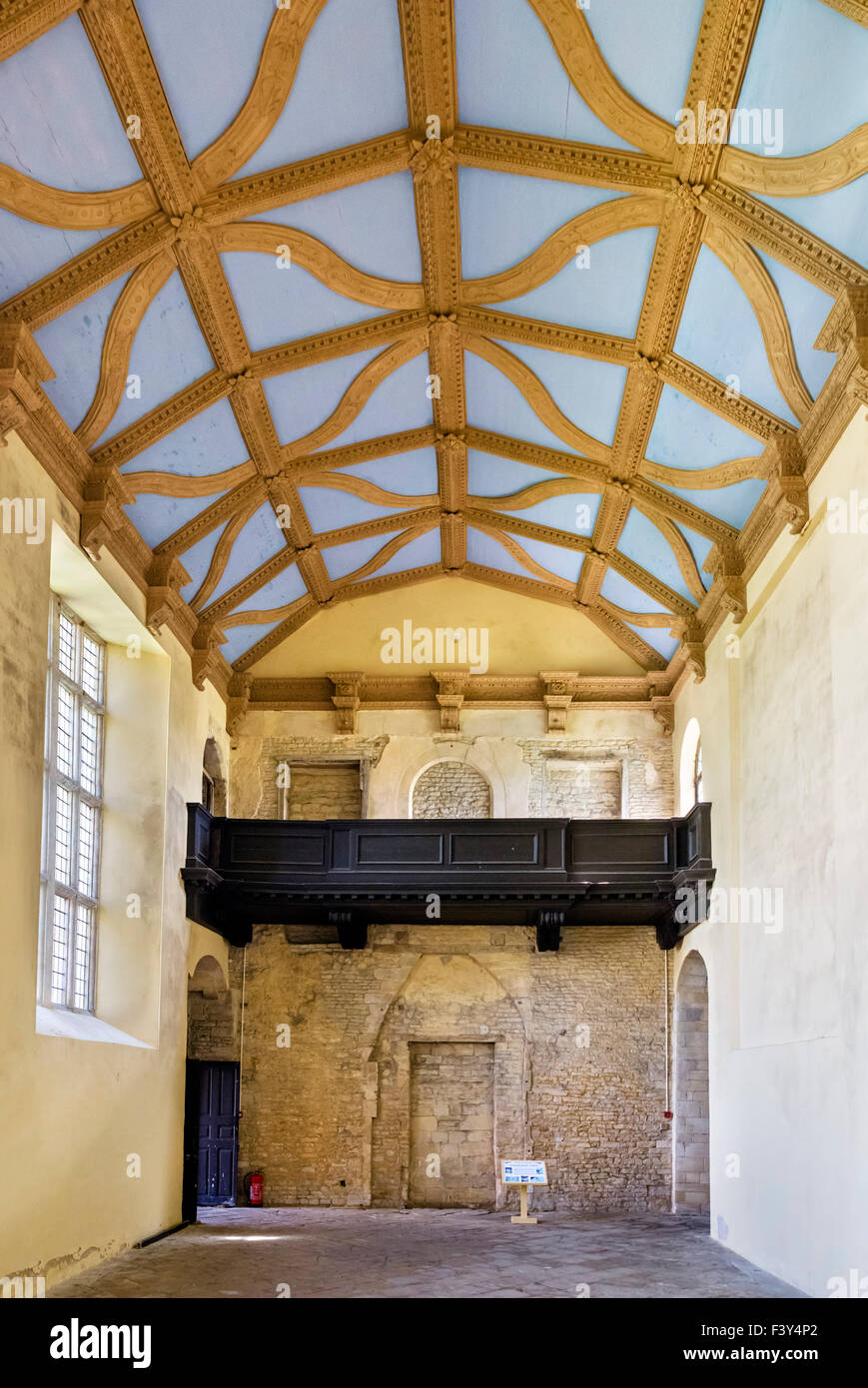 The Great Hall, undergoing renovation in Kirby Hall, a ruined 16thC Elizabethan country house nr Gretton, Northants, England, UK Stock Photo