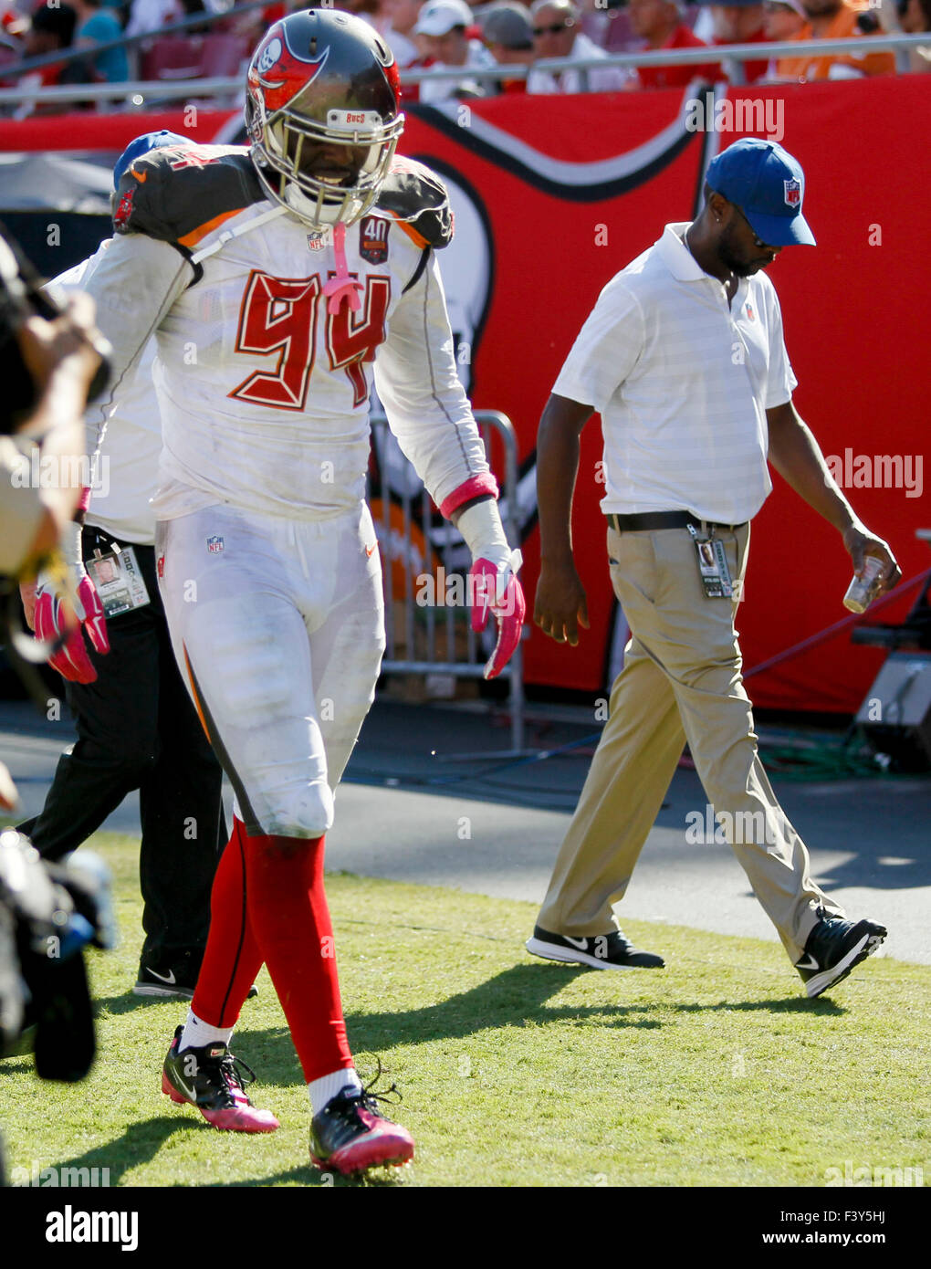 Oct. 11, 2015 - Tampa, Florida, U.S. - DIRK SHADD   |   Times  .Tampa Bay Buccaneers defensive end George Johnson (94) heads to the locker room with two minutes remaining in the game against the Jacksonville Jaguars at Raymond James Stadium Sunday afternoon in Tampa (10/11/15) (Credit Image: © Dirk Shadd/Tampa Bay Times via ZUMA Wire) Stock Photo