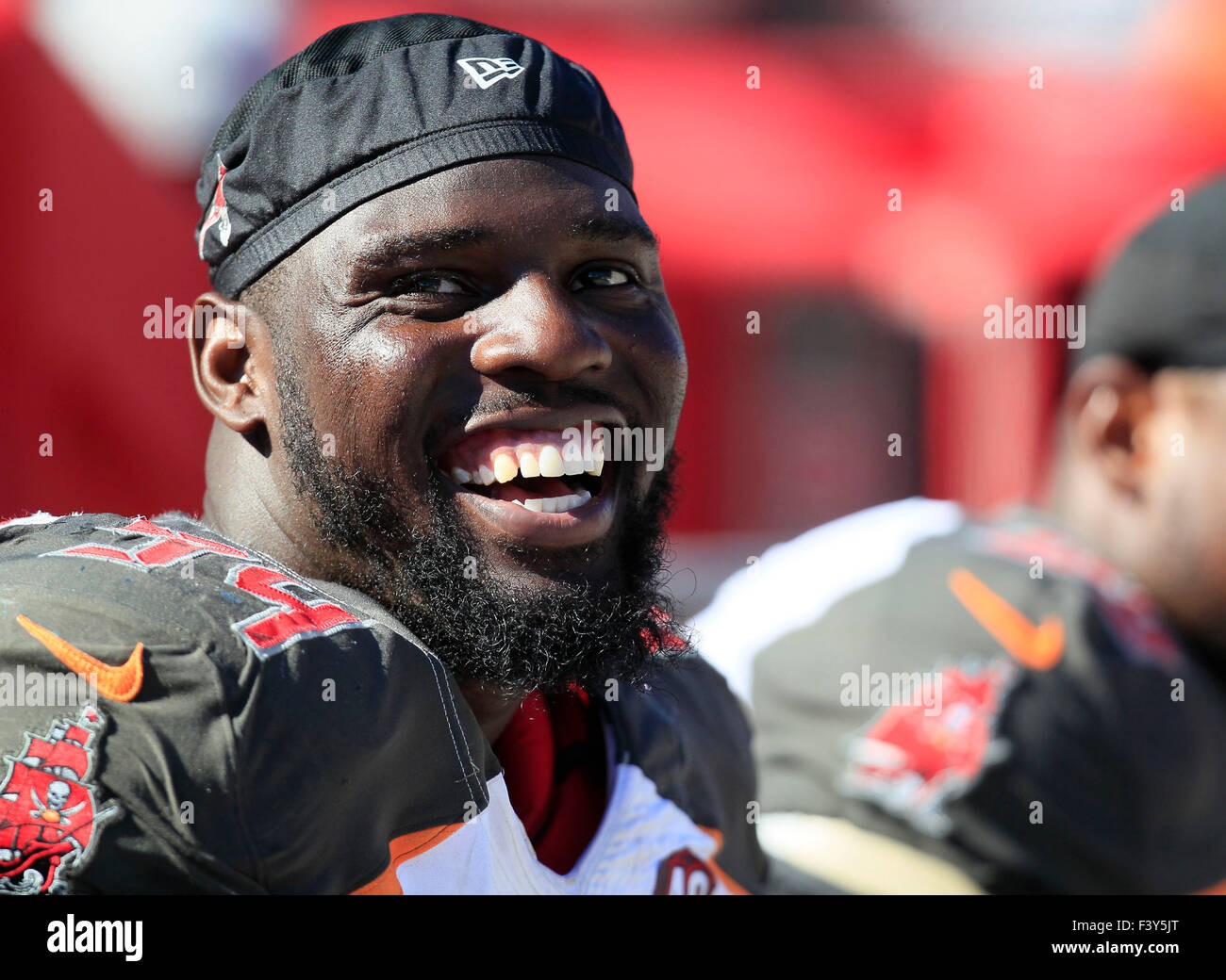 Oct. 11, 2015 - Tampa, Florida, U.S. - DIRK SHADD   |   Times  .Tampa Bay Buccaneers defensive end George Johnson (94) smiles on the side lines in the final minutes as the Bucs beat the Jacksonville Jaguars during at Raymond James Stadium Sunday afternoon in Tampa (10/11/15) (Credit Image: © Dirk Shadd/Tampa Bay Times via ZUMA Wire) Stock Photo