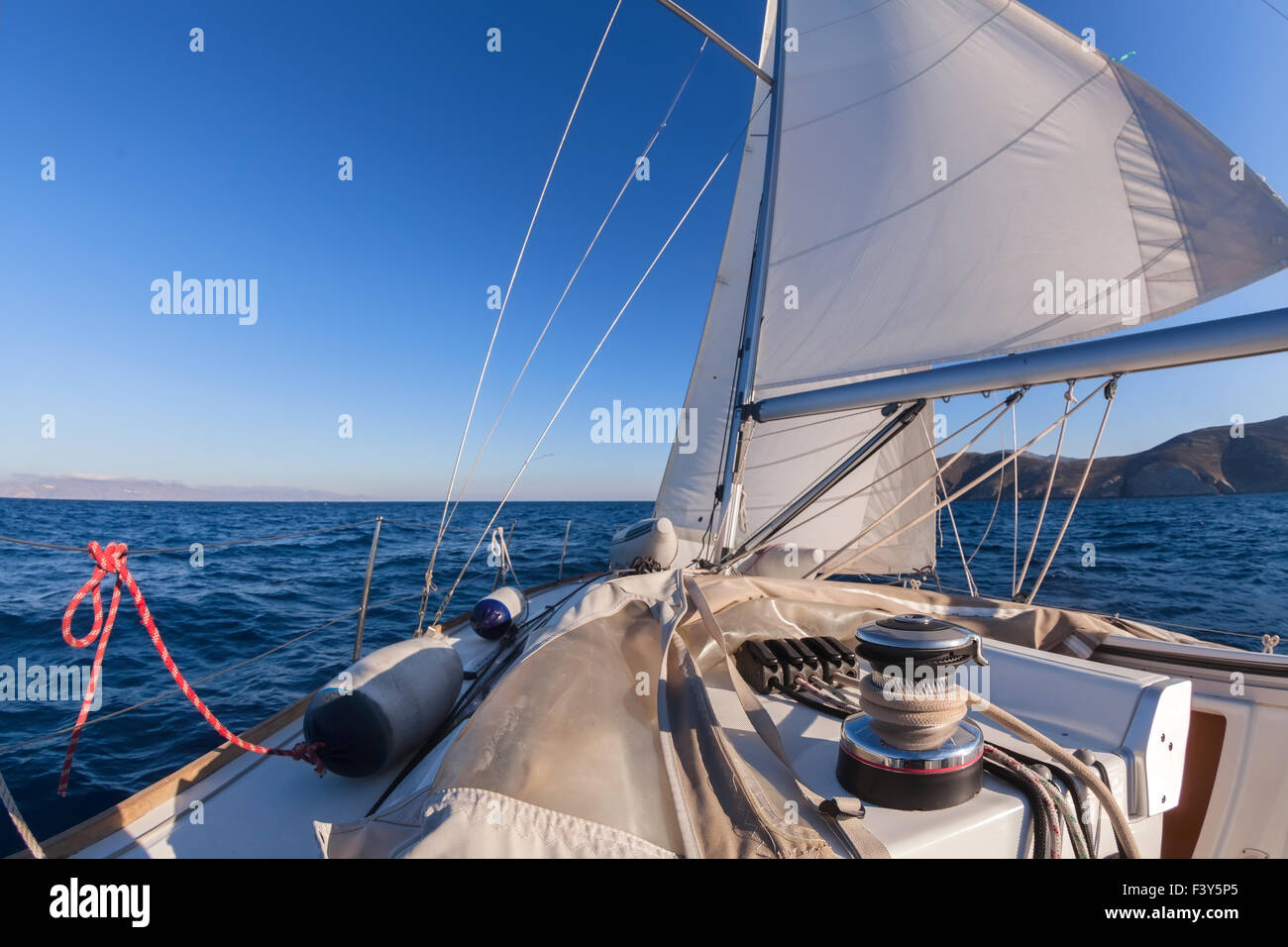 Winch with rope on sailing boat Stock Photo