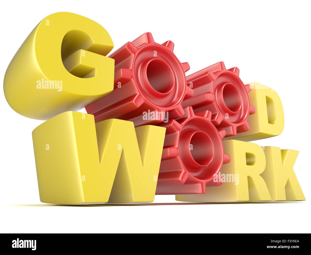 The words GOOD WORK in 3D letters and gear wheels. Render illustration isolated on white background Stock Photo