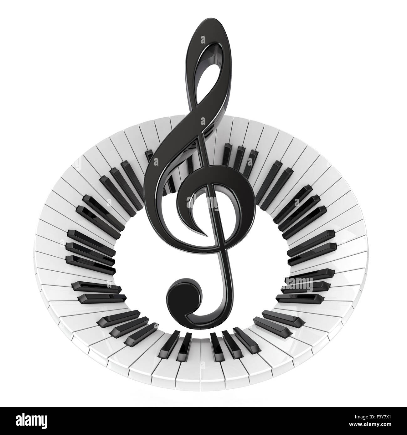 Treble clef in abstract piano keyboard. Symbol of music. 3D render illustration isolated on white background Stock Photo