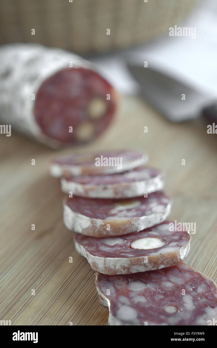 French Salami with haselnuts Stock Photo