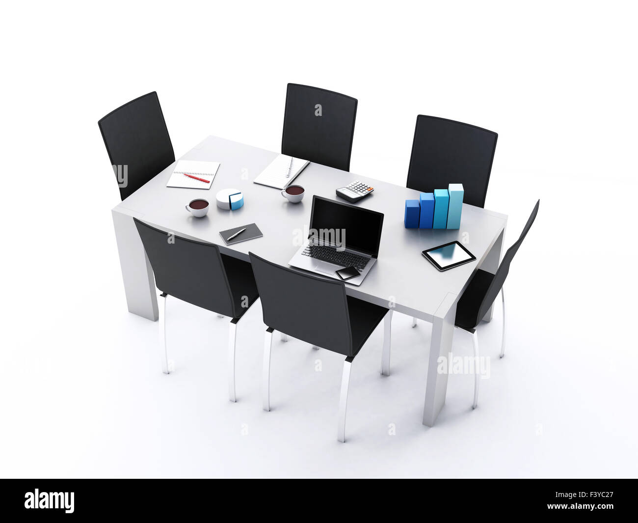 3d renderer image. Office meeting room with office accessories and laptops.  Business concept Stock Photo - Alamy