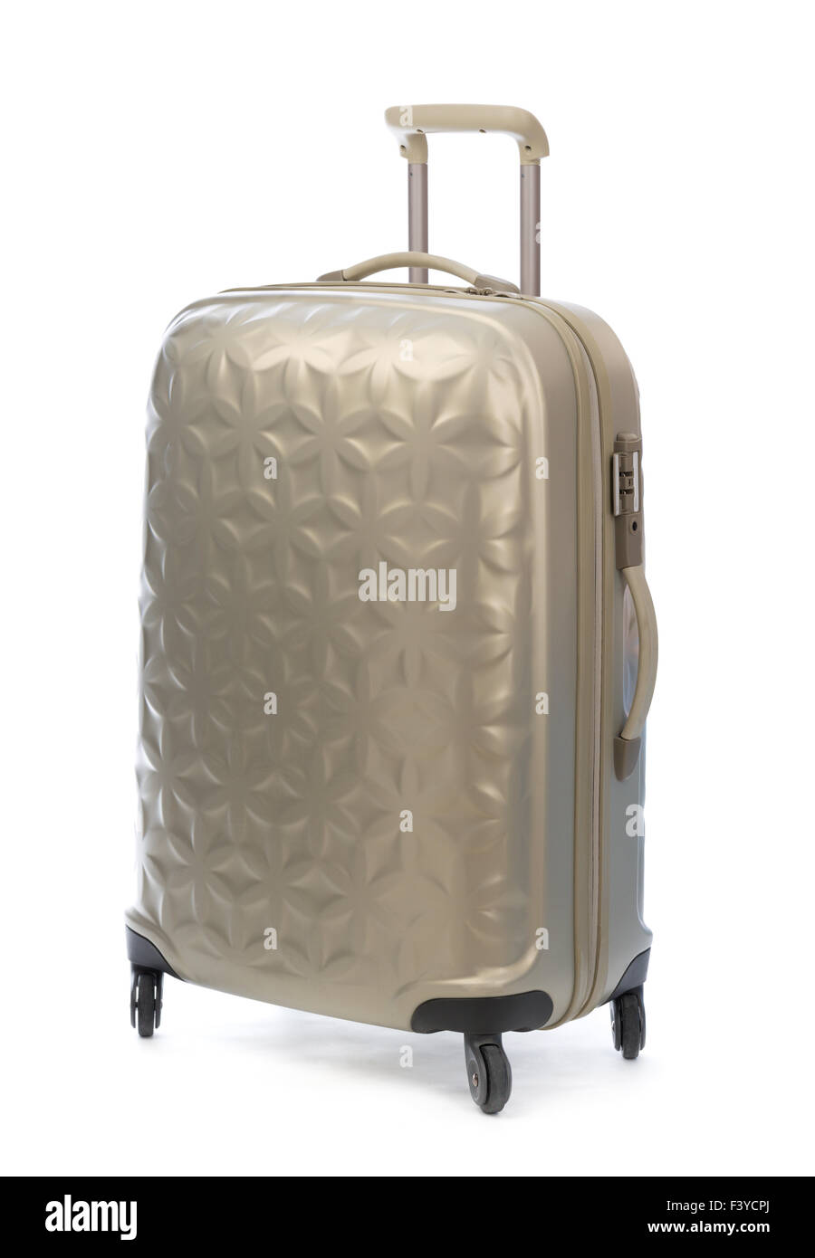Beige plastic suitcase on wheels for travel. Stock Photo