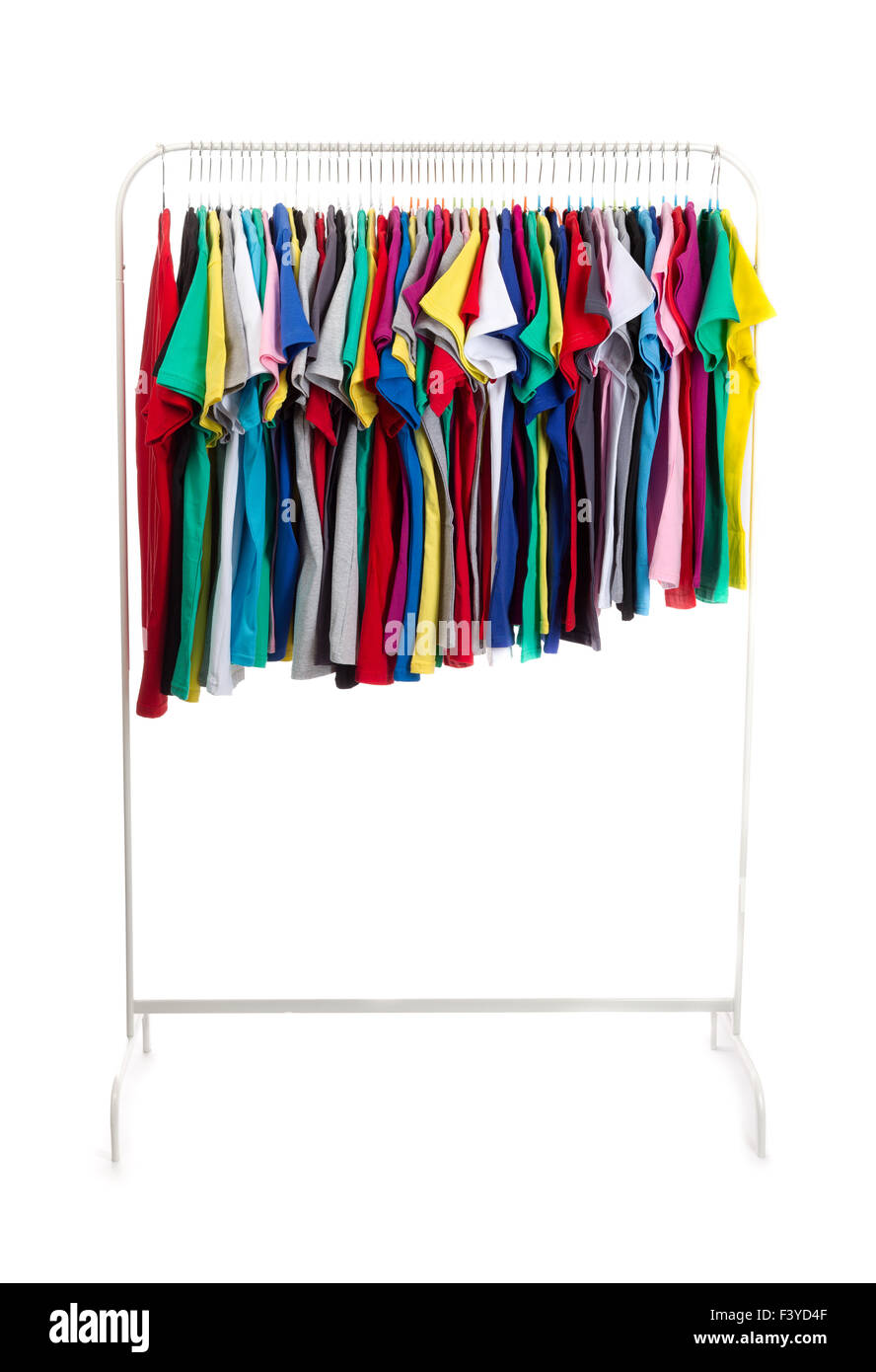 Multicolored clothes on hangers, isolate Stock Photo