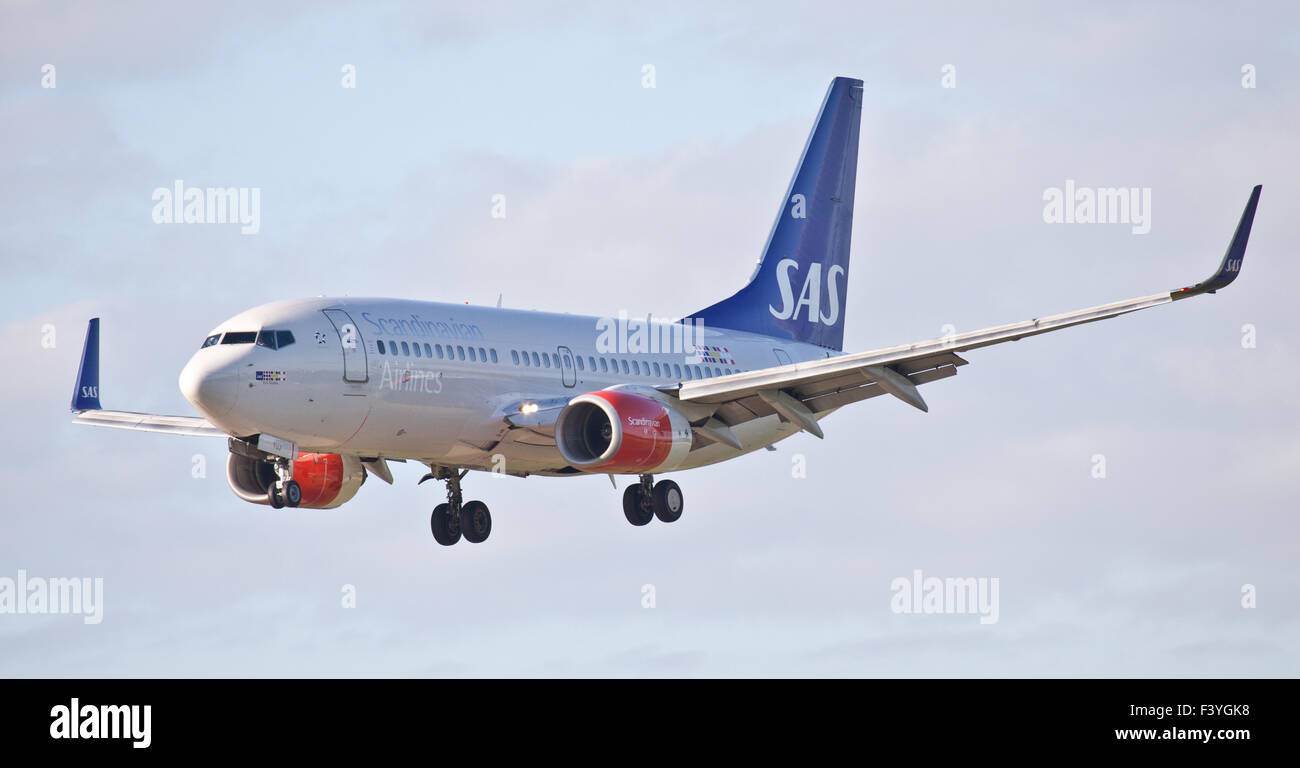 SAS Scandinavian Airlines Boeing 737 LN-TUJ coming into land at London Heathrow Airport LHR Stock Photo