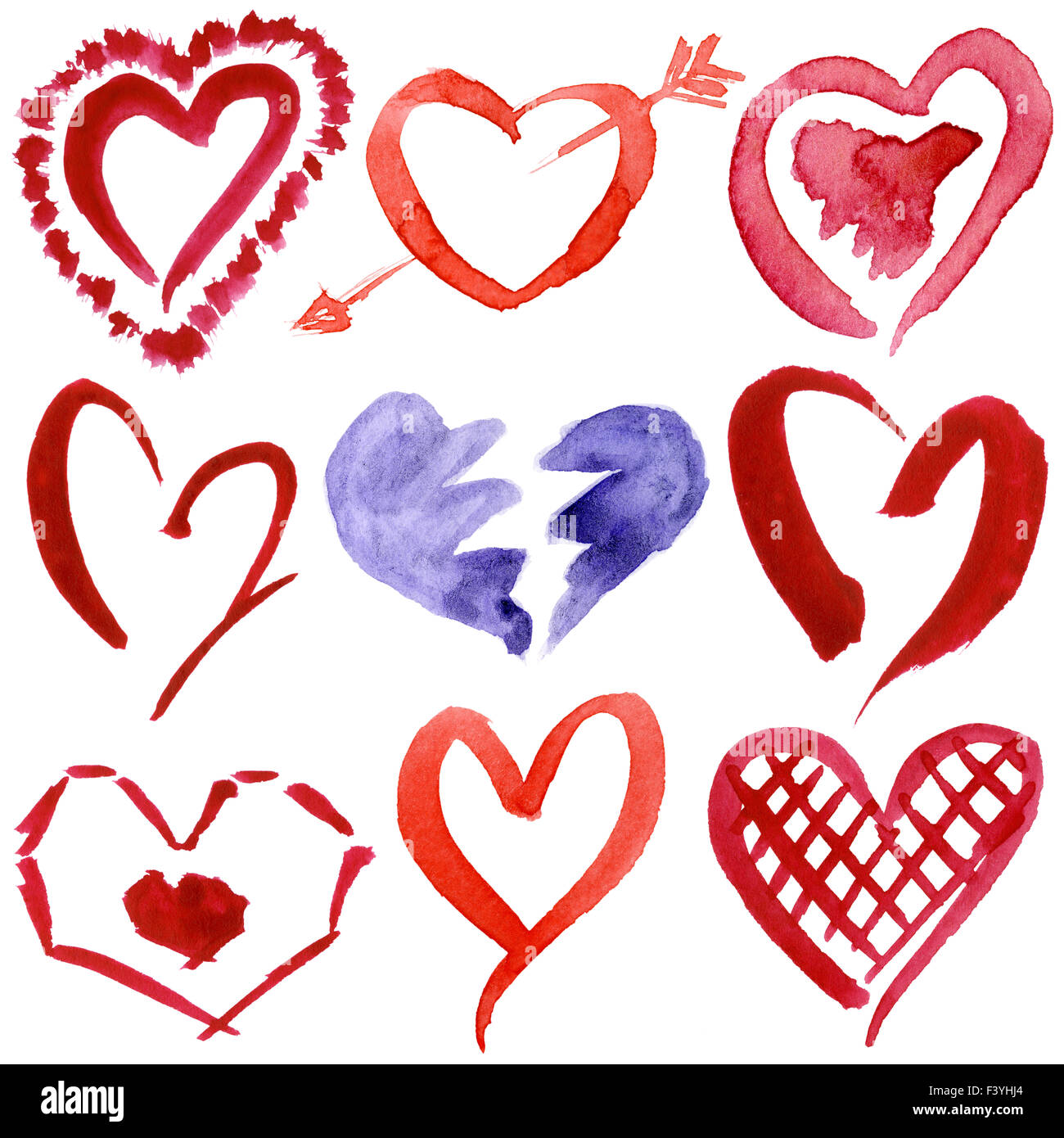 Abstract hand drawn watercolor hearts set Stock Photo