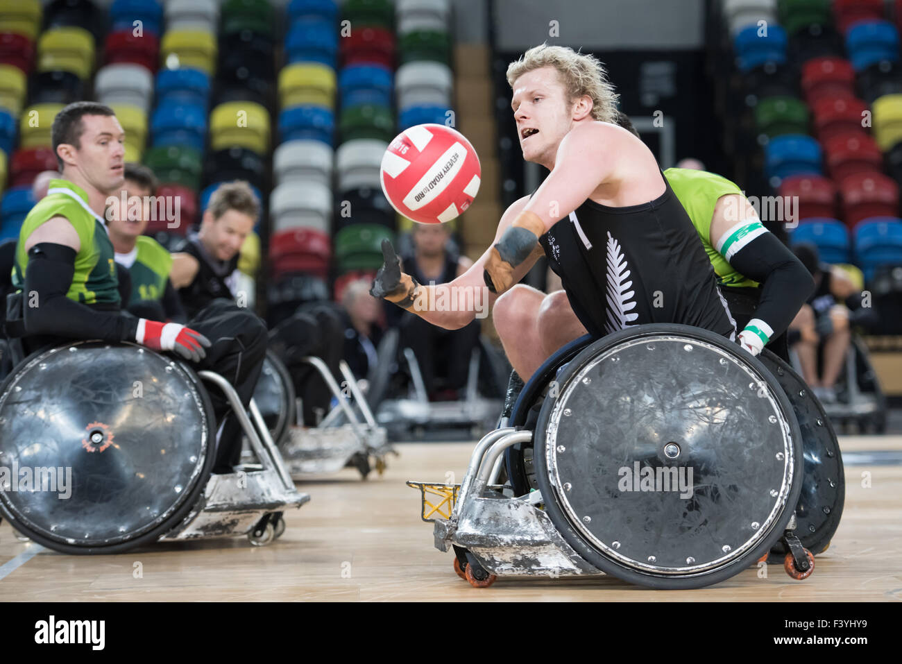 World Wheelchair Rugby Challenge 2015 RSA vs NZL. New Zealand 'Wheel Blacks' defeat South Africa 64-32. New Zealand Cameron Leslie with the ball. 13th October, 2015. copyright PMGimaging/Alamy Live News Stock Photo