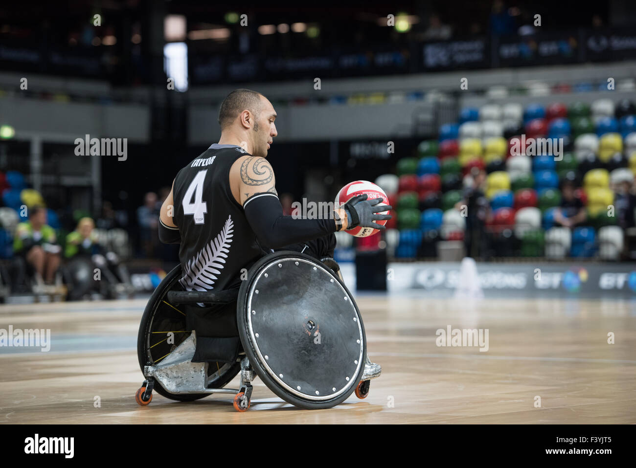 World Wheelchair Rugby Challenge 2015 RSA vs NZL. New Zealand 'Wheel Blacks' defeat South Africa 'Wheel Boks' 64-32. New Zealand no 4 Sholto Taylor with the ball. 13th October, 2015. copyright PMGimaging/Alamy Live News Stock Photo