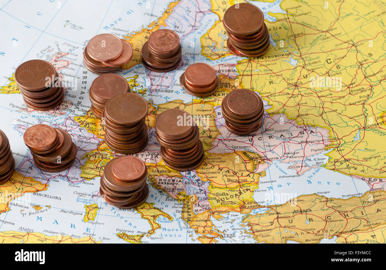 map of Europe with coins Stock Photo