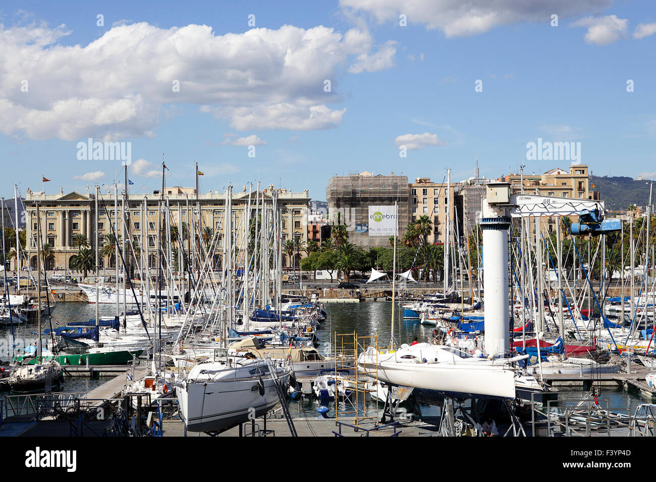 Viewed from Maremagnum Shopping Mall this image offers an elevated view of The Royal Barcelona Yacht Club. Stock Photo