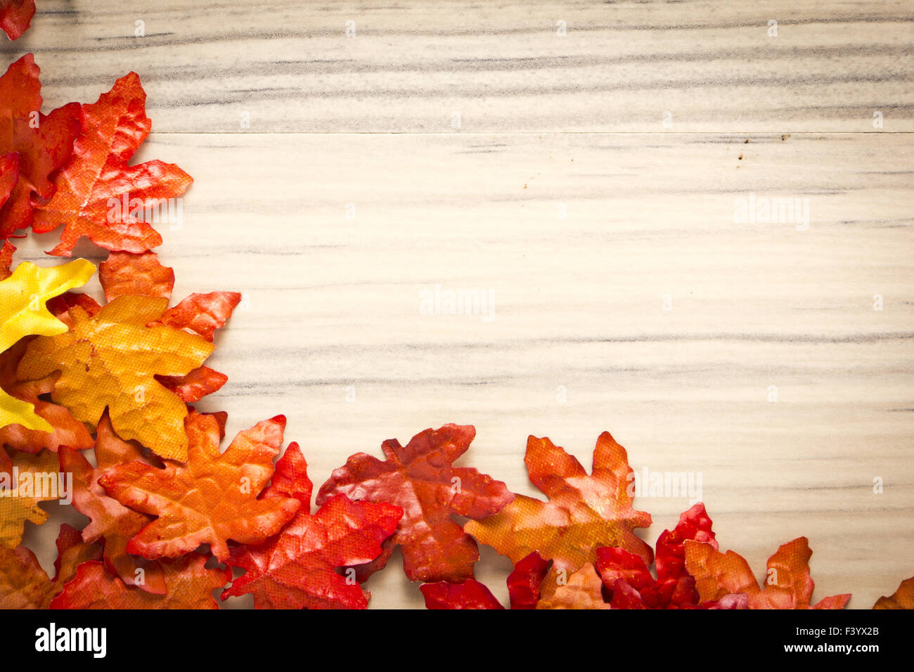 colorful leaves on a rustic wood background Stock Photo