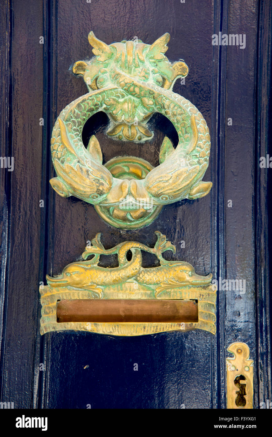 Malta Valletta brass door knocker and letterbox Stock Photo