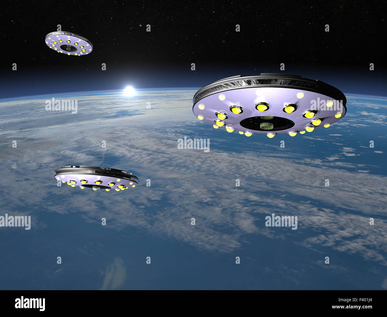 UFOs upon earth - 3D render Stock Photo