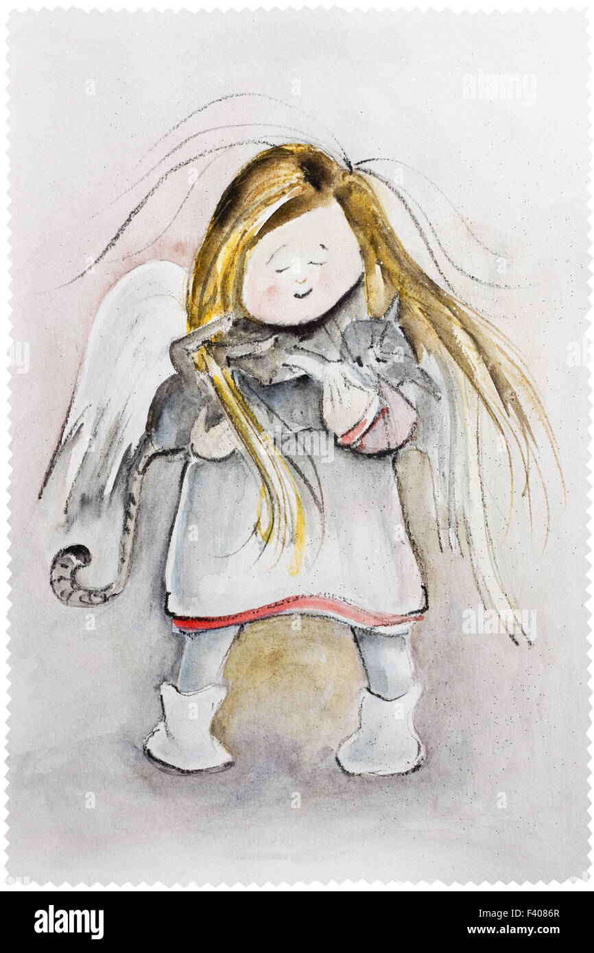 Winter Angel with cat Stock Photo