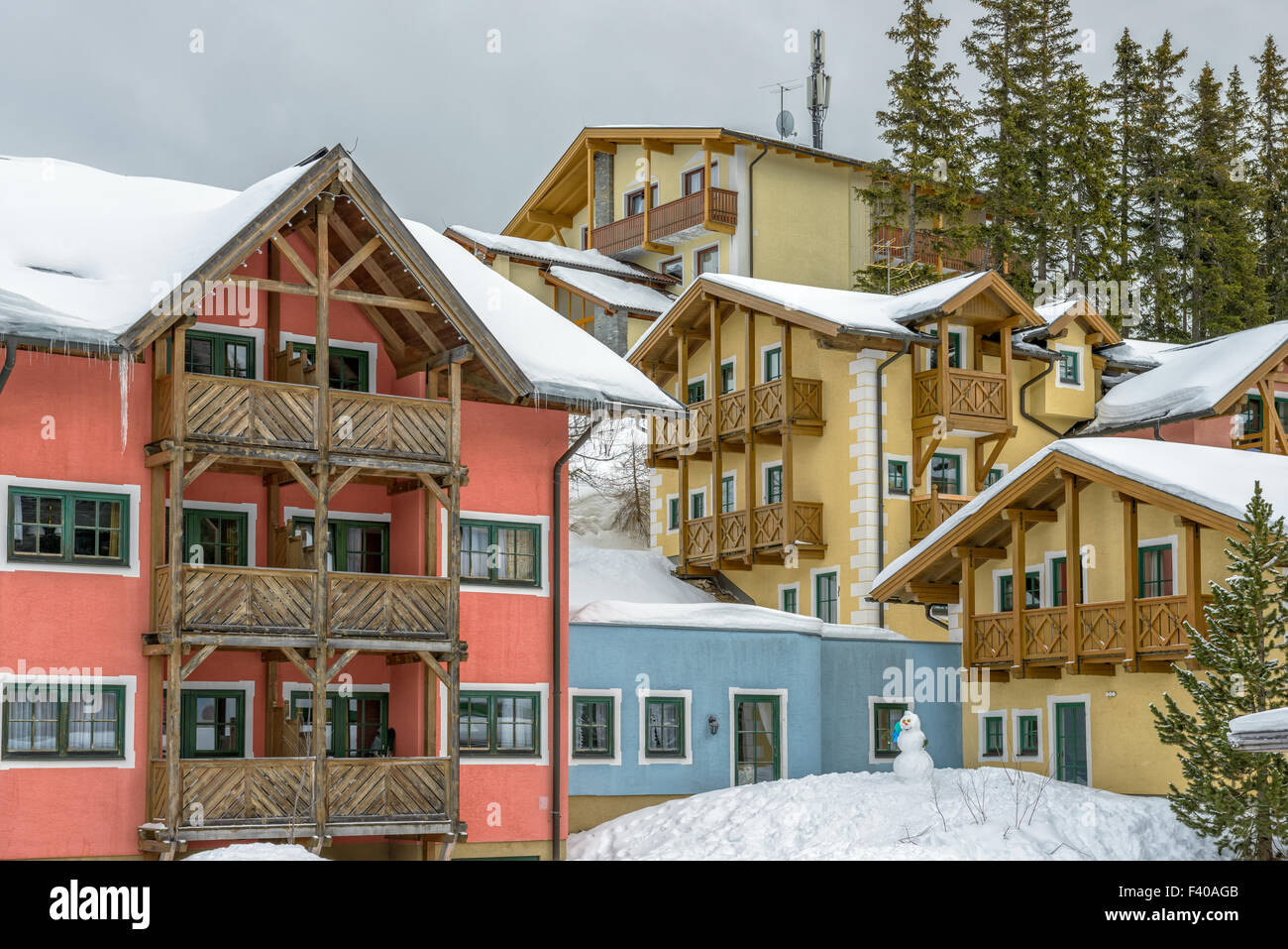 Hotel on ski resort in austrian Alps Stock Photo