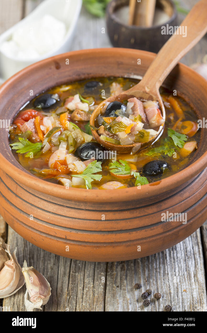 Thick soup made from several types of meat. Stock Photo