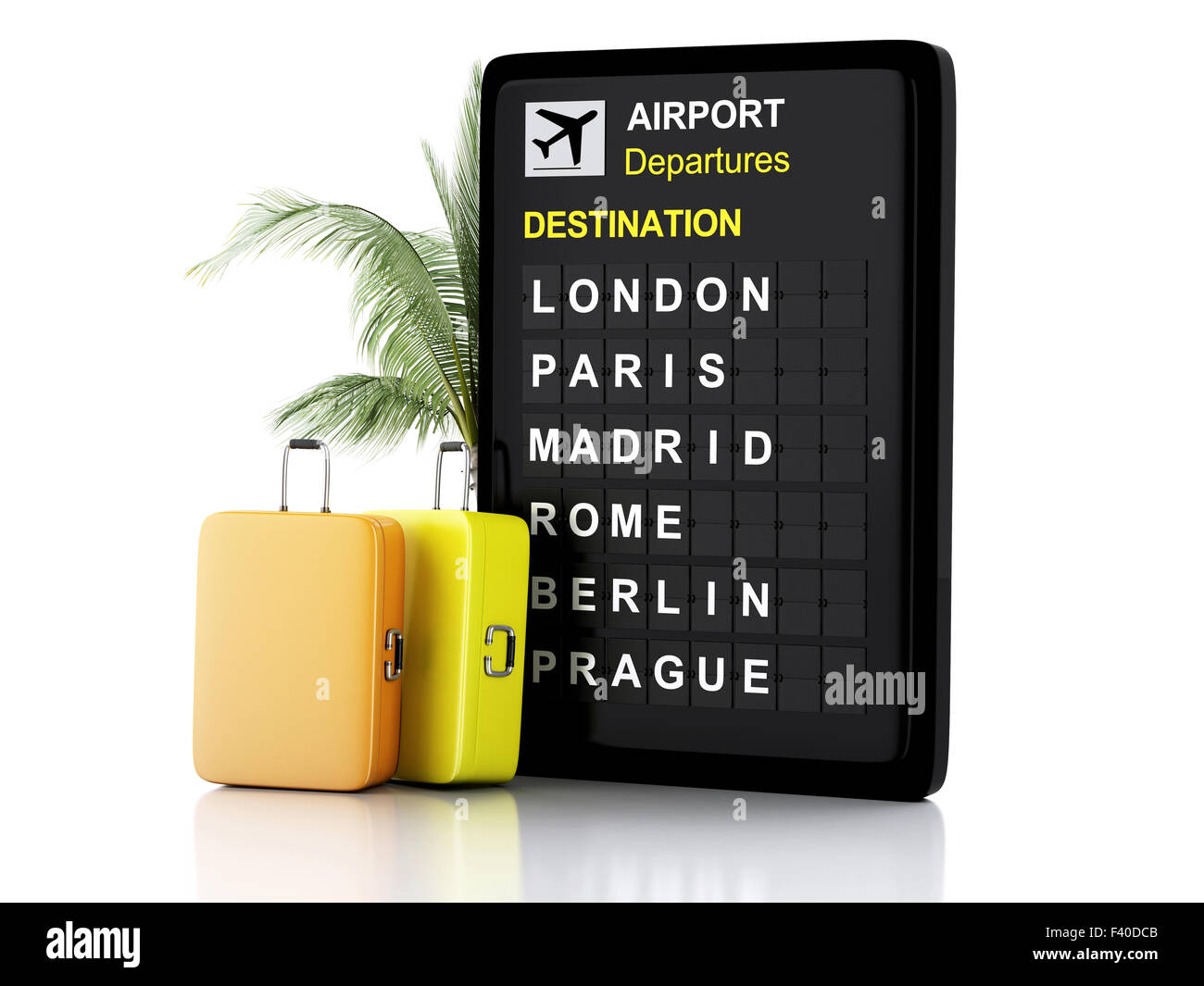 3d airport board and travel suitcases Stock Photo
