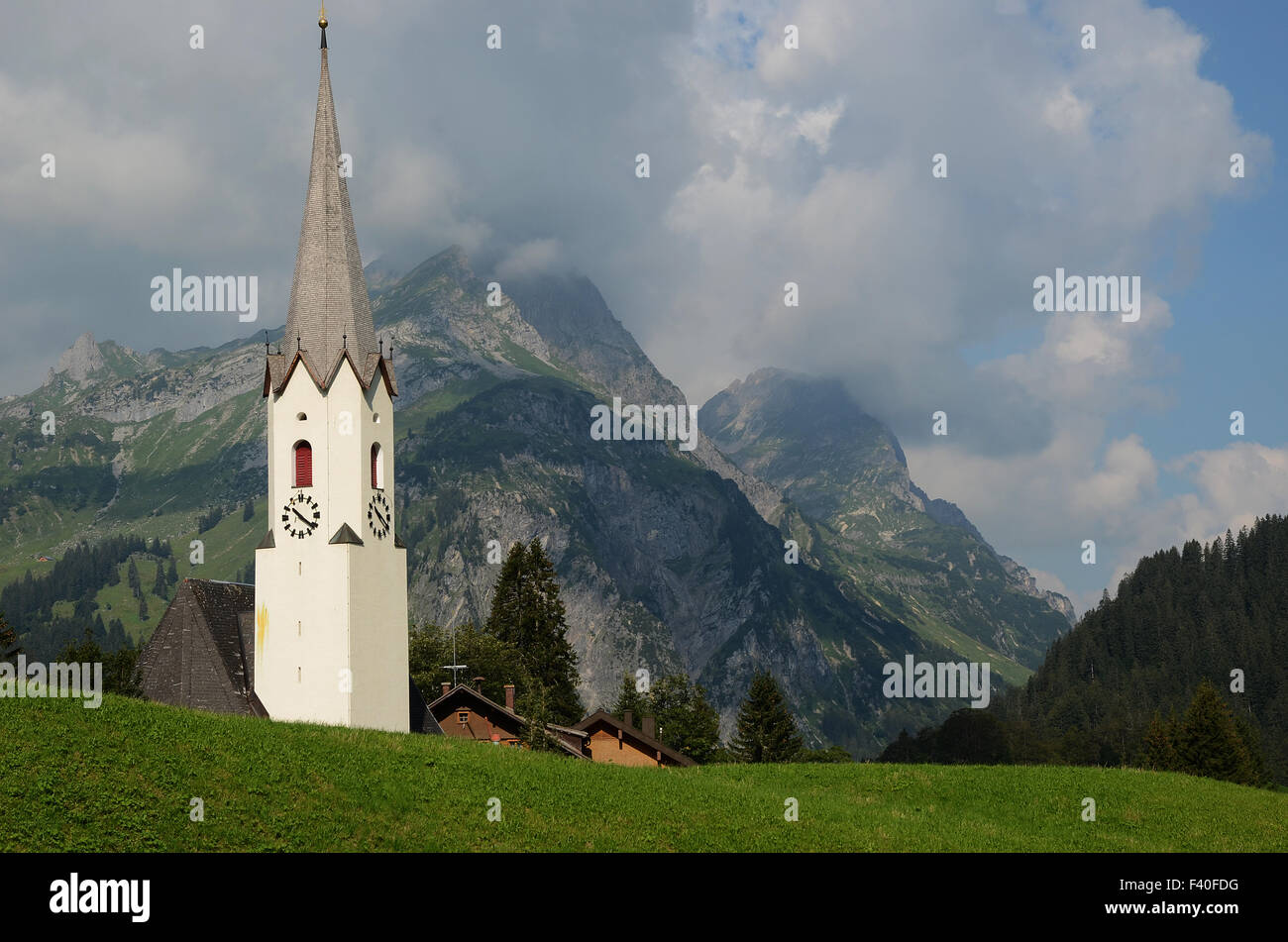 church; mountain village; alps; Austria; Stock Photo