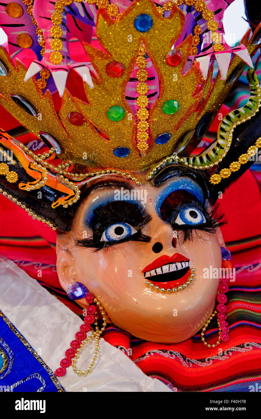 Hand made traditional Bolivian carnival mask on display at the Richmond Folk Festival, Richmond, VA. Stock Photo