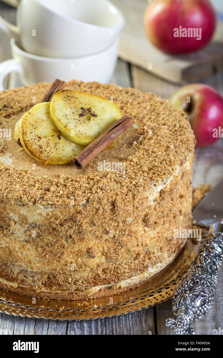 Cake with apples and Bavarian cream. Stock Photo