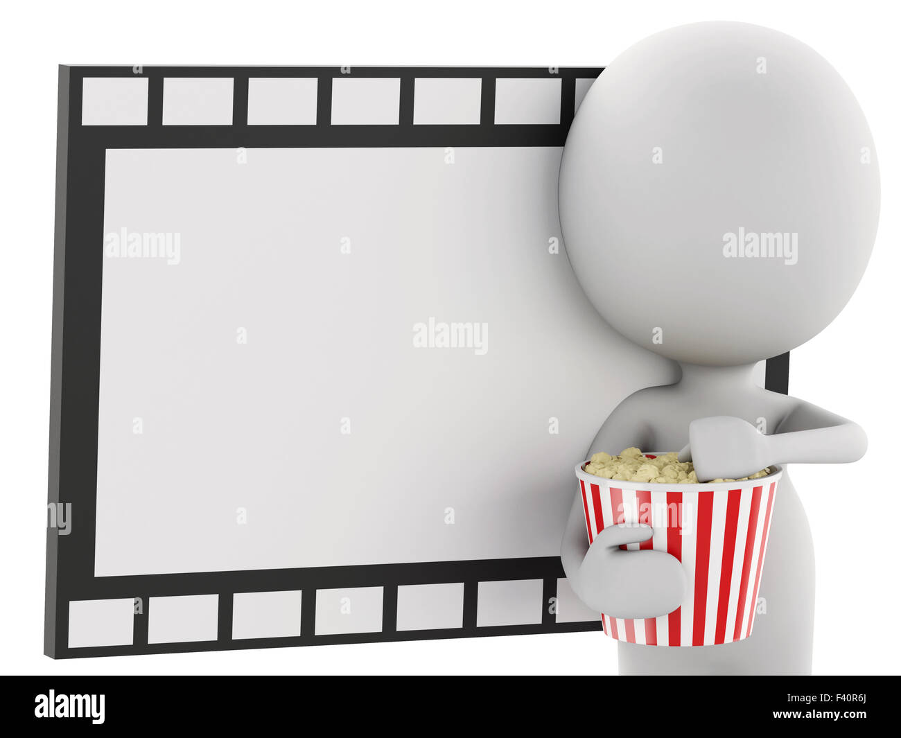 3d white man with popcorn and film reel. Stock Photo