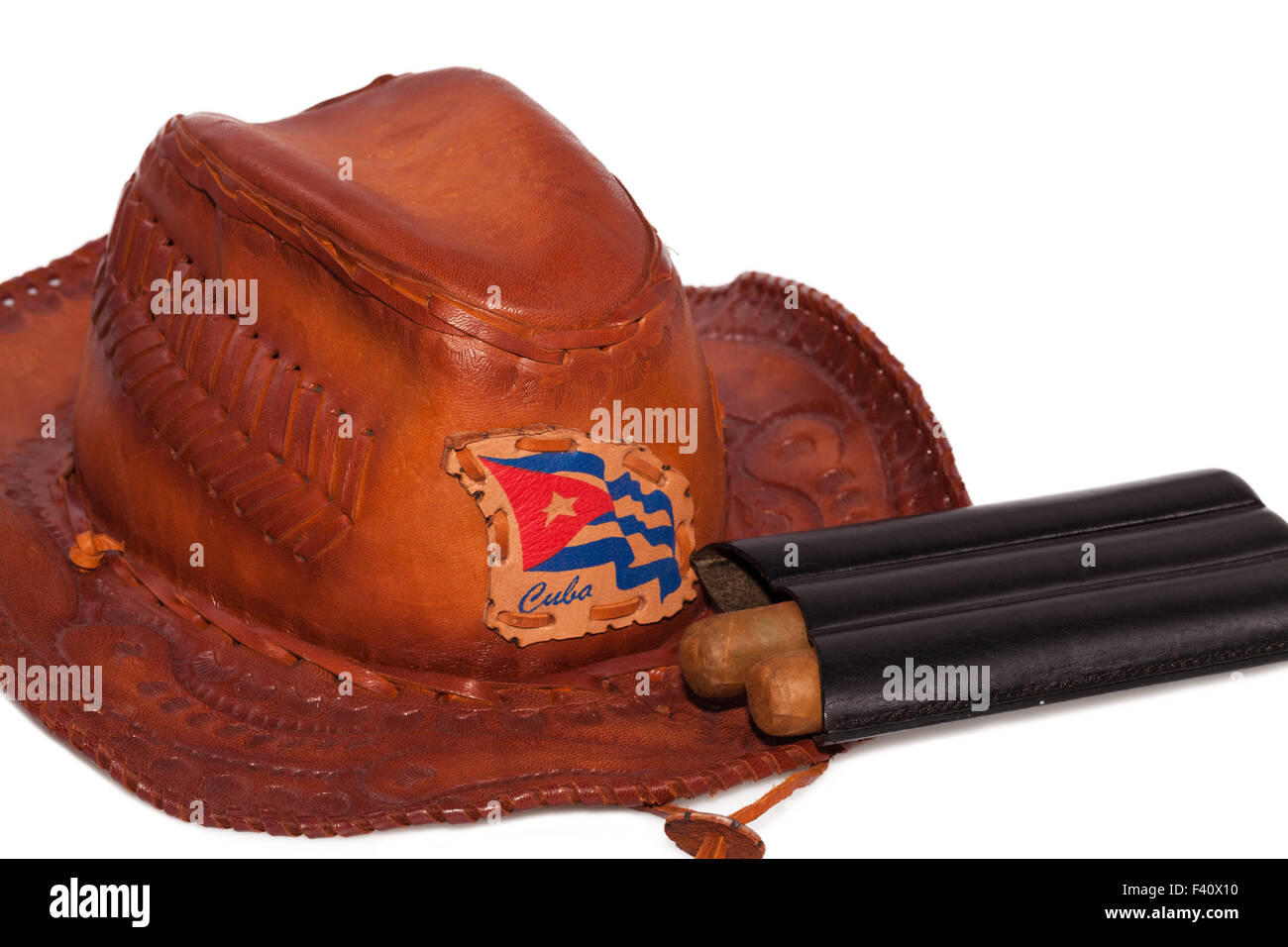 Cuban cigars with hat and the national flag Stock Photo