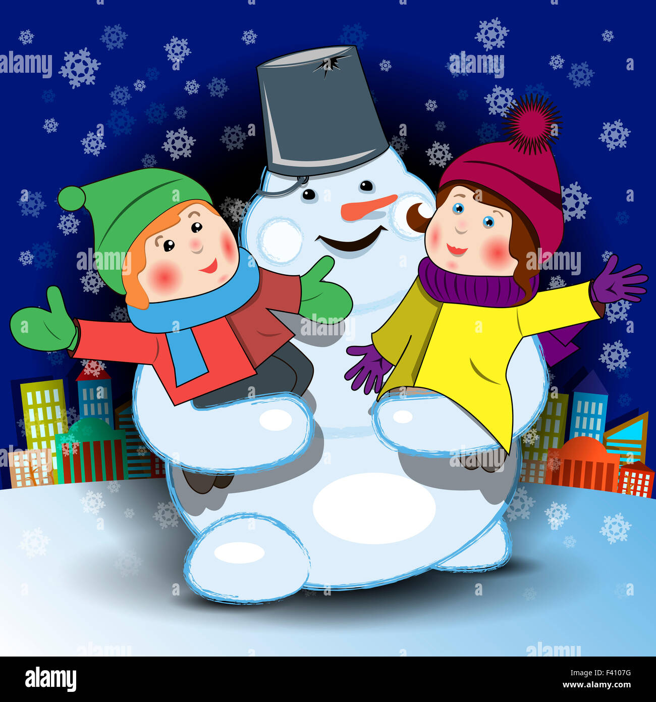 Illustration of a cheerful snowman with children in their arms Stock ...
