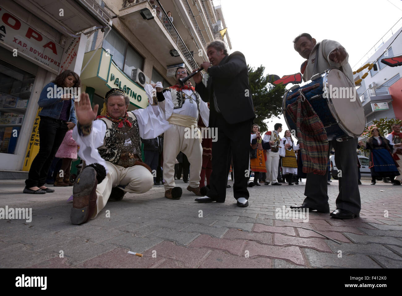 Greek vlach (captain) dancing under the rythms of the Pipiza and davul, in the streets of Thebes, during Vlach wedding ritual. Stock Photo
